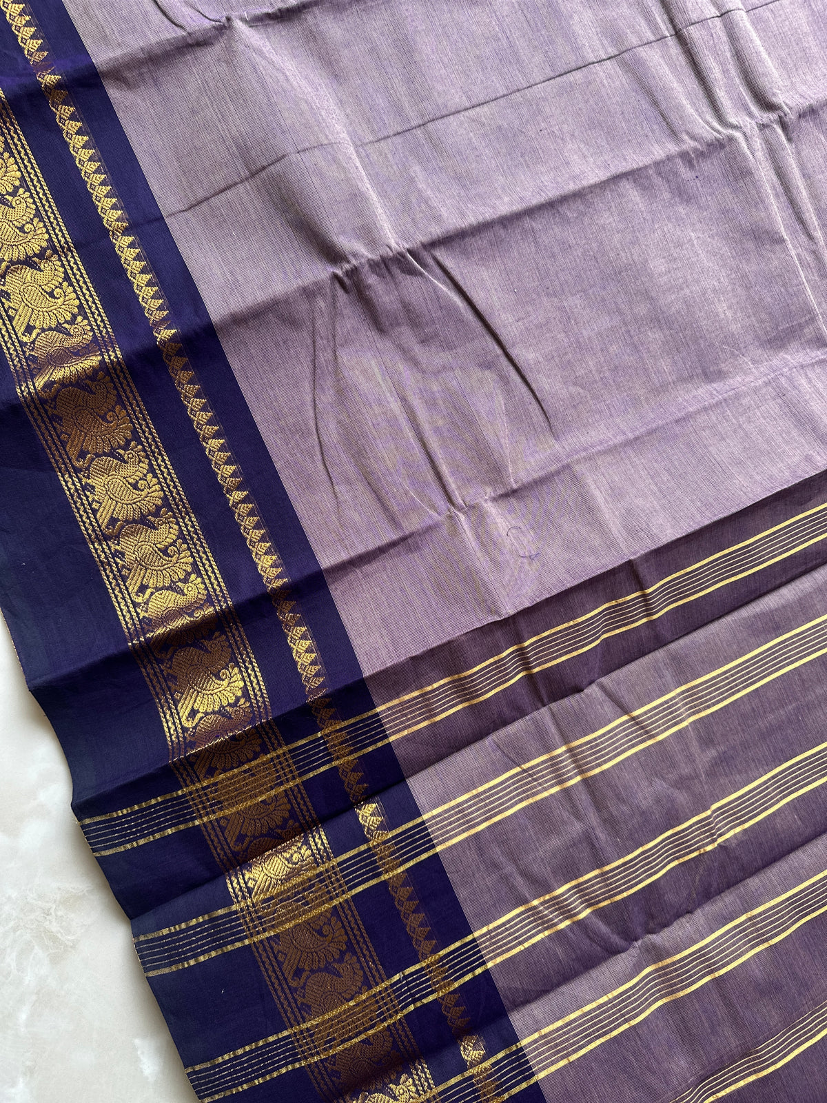 Purple Kanchi Cotton Saree with Peacock Border