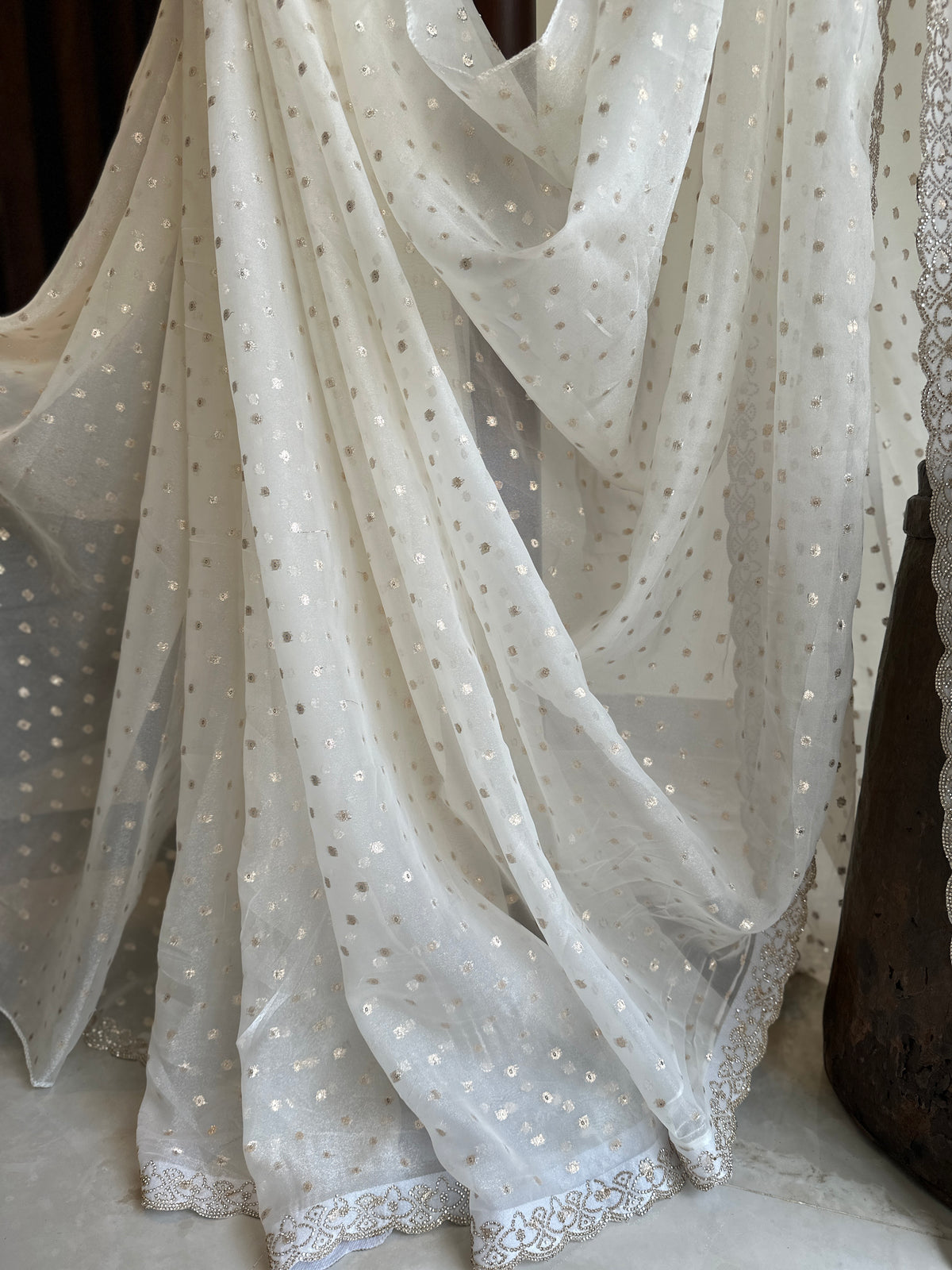 Dreamy white organza with Zari Butta Organza Saree