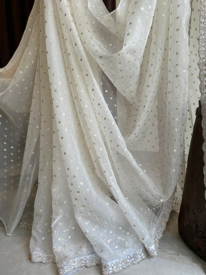 Dreamy white organza with Zari Butta Organza Saree