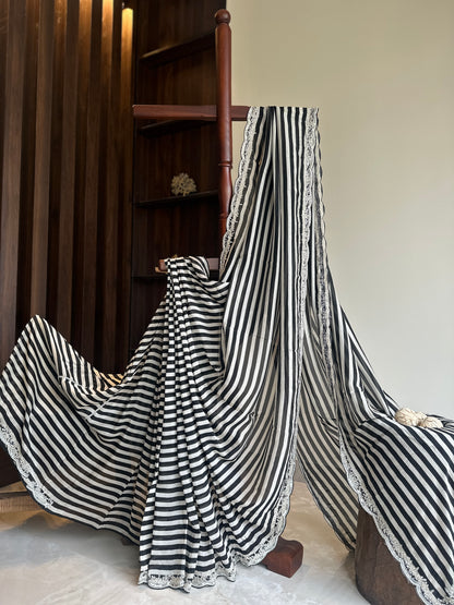 Handwork Striped Pure Crepe Designer Saree