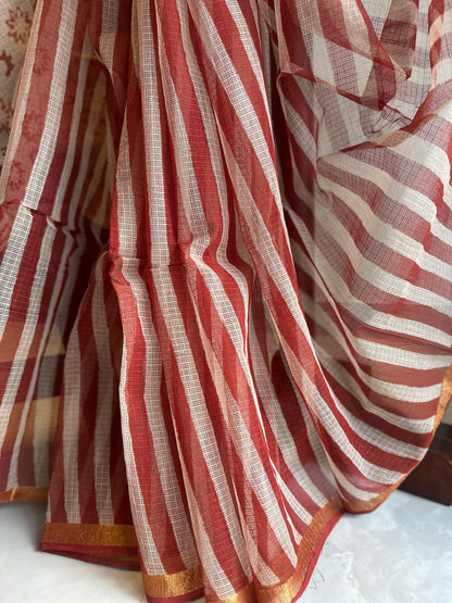 Handblock striped Orange and Black Kota Doriya Saree