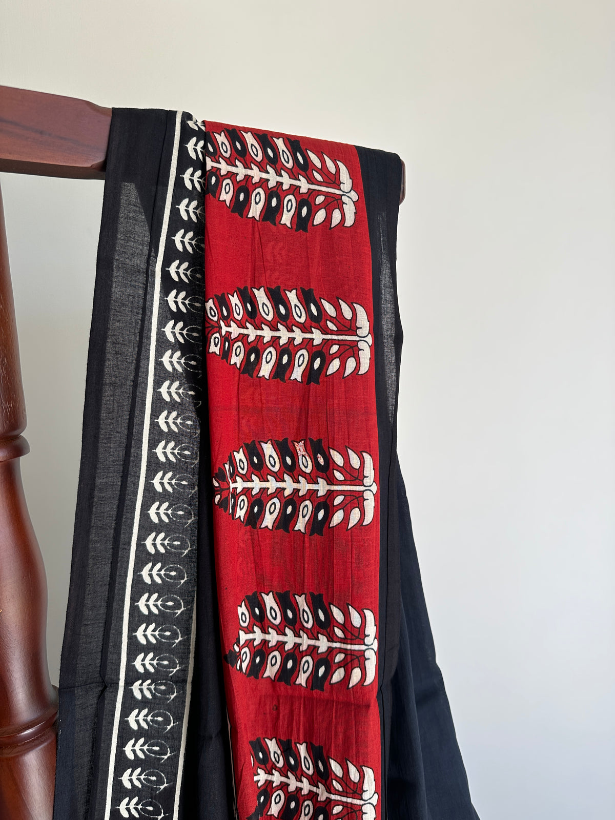 Black Red Handblock Mul Cotton Saree