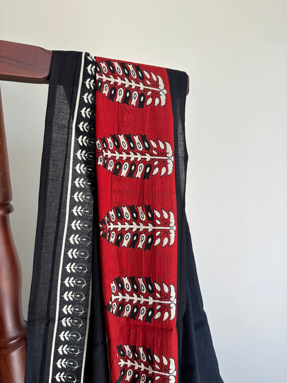 Black Red Handblock Mul Cotton Saree