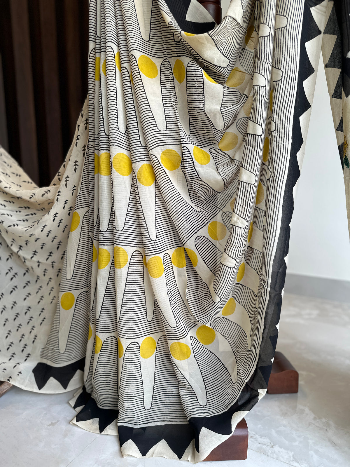 Authentic Black and Yellow Georgette Handblock Saree