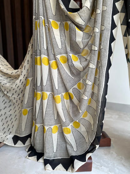 Authentic Black and Yellow Georgette Handblock Saree