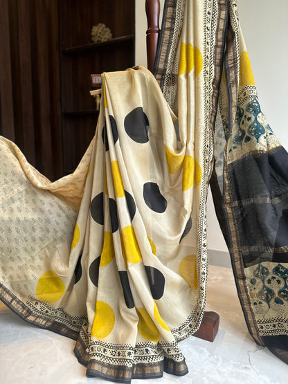 Yellow Polka Silk By Cotton Maheshwari Silk Saree