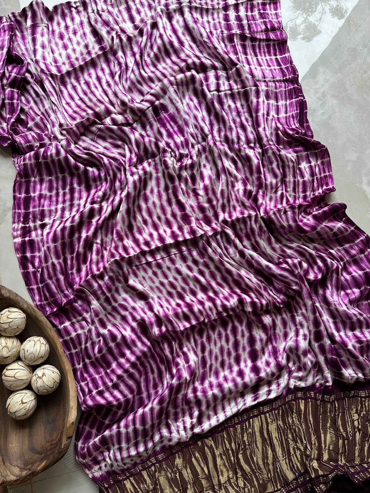 White and Purple Shibbori Pure Modal Silk Saree