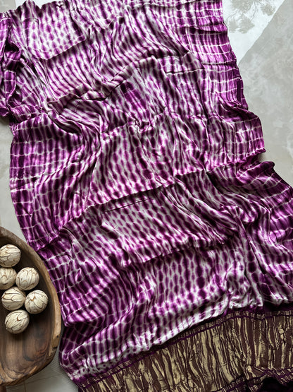 White and Purple Shibbori Pure Modal Silk Saree