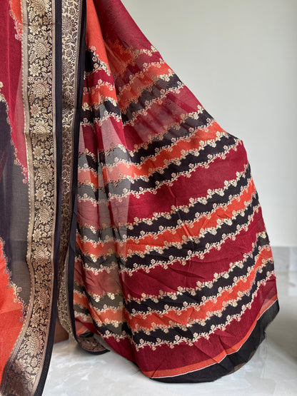 Multicolour Rust Orange Embossed Diagonal Motif Saree