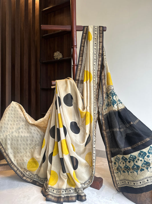 Yellow Polka Silk By Cotton Maheshwari Silk Saree