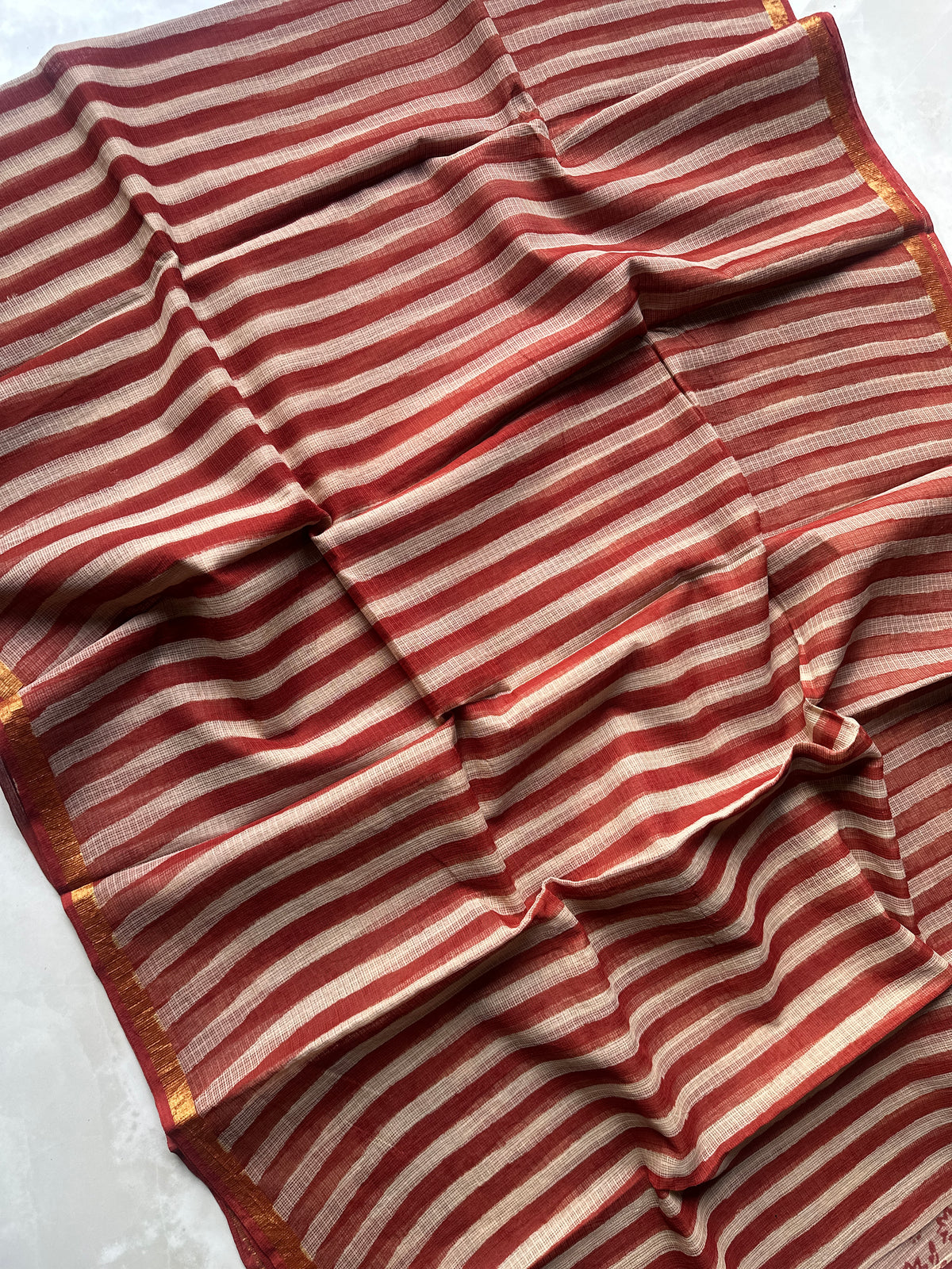 Handblock striped Orange and Black Kota Doriya Saree