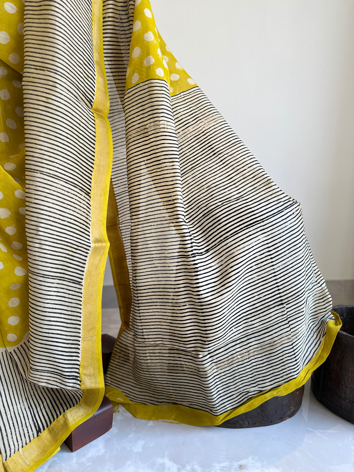 Sunshine Yellow Polka Dot Silk By Cotton Maheshwari Saree