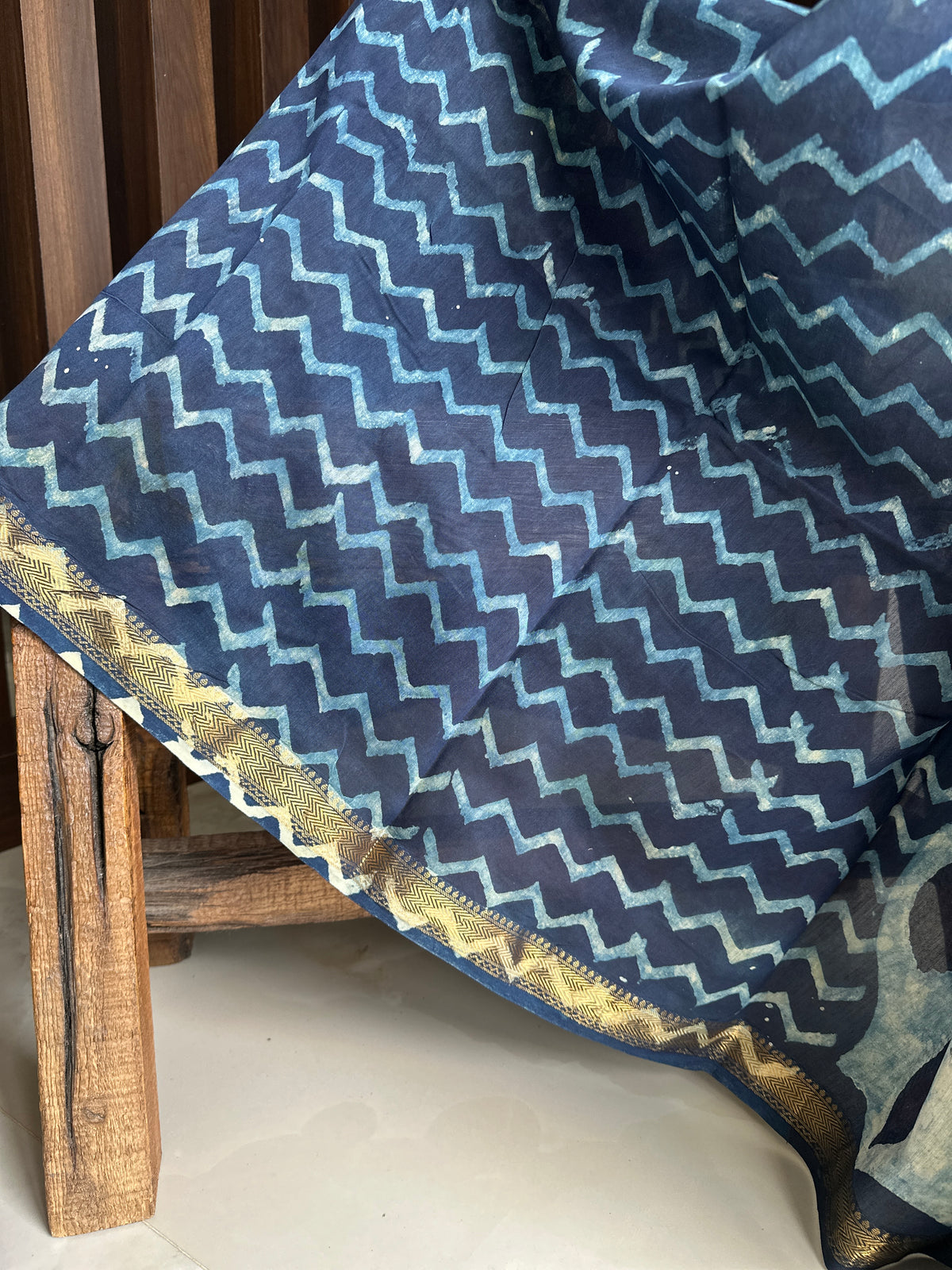 Peacock Motif Indigo Silk By Cotton Maheshwari Saree