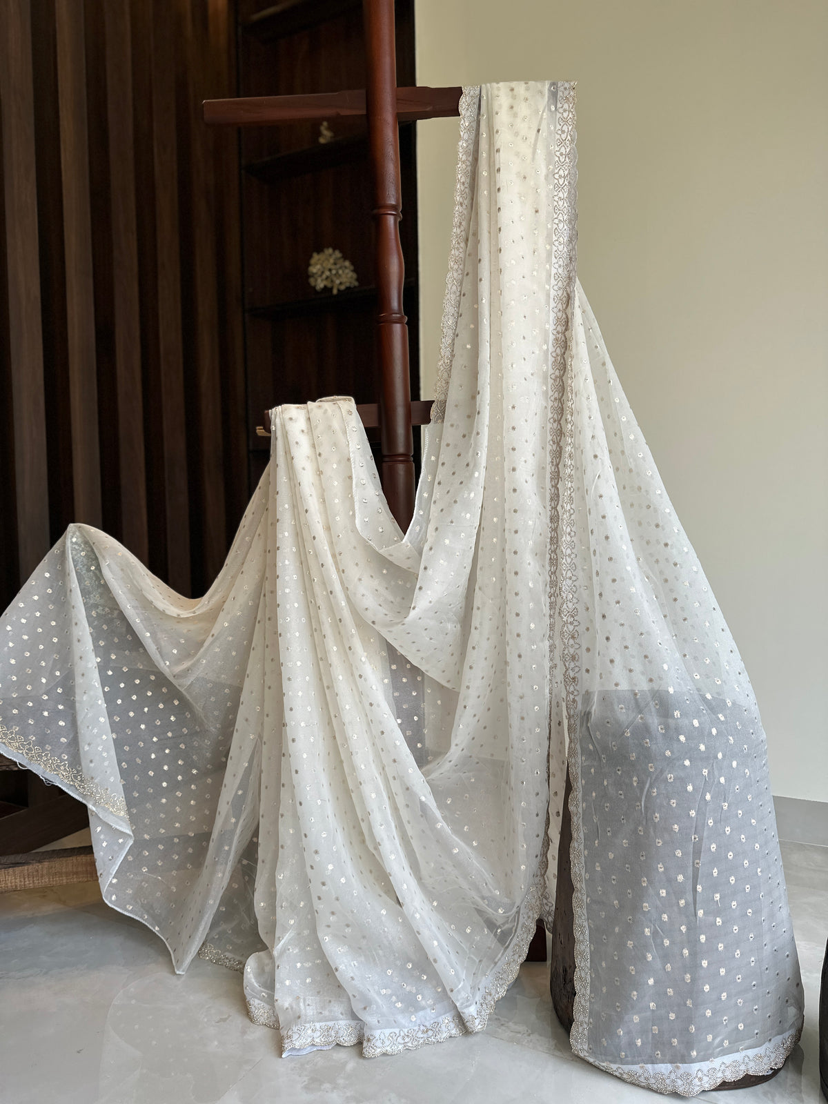 Dreamy white organza with Zari Butta Organza Saree
